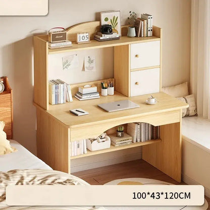 Home desk bookcase with integrated desktop in light oak wood