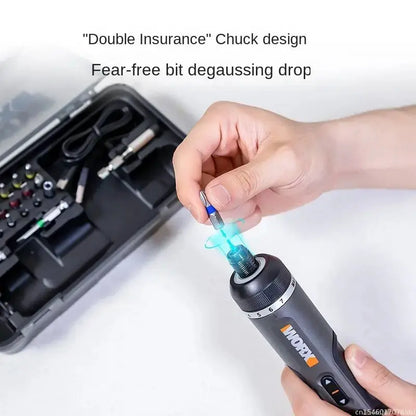 WORX WX242 mini cordless screwdriver with 30-bit bit set, blue LED tip, and included storage case for handy tool kit