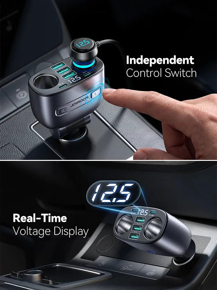 Joyroom 225W car charger with independent control switch and real-time voltage display.
