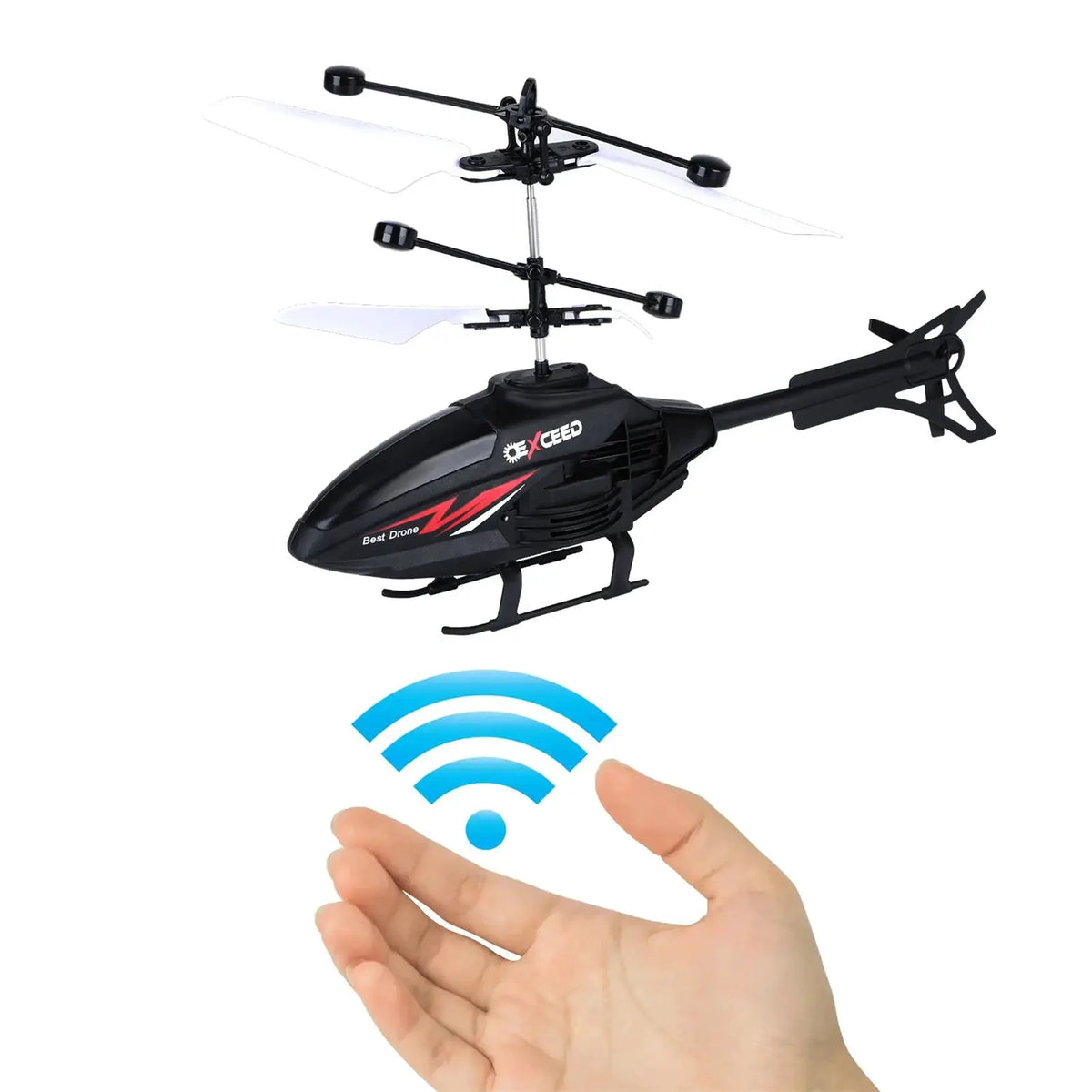 Remote control helicopter toy with black body and white rotor blades; dual-rotor design for kids