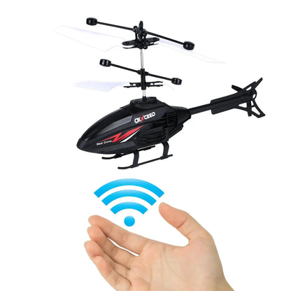 Remote control helicopter toy with black body and white rotor blades; dual-rotor design for kids