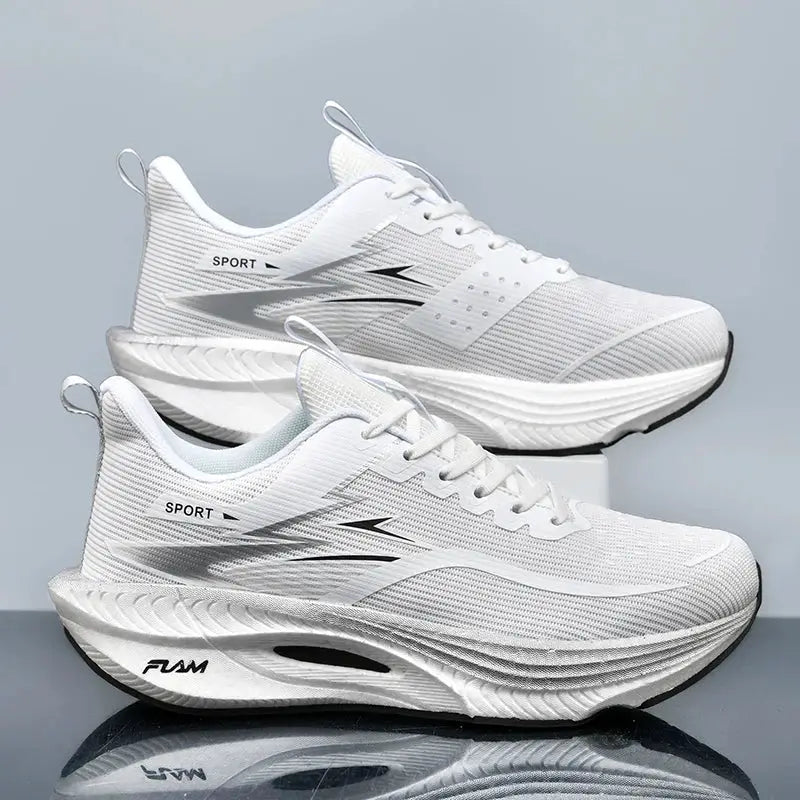 Marathon Men Sports Running Shoes pair, white mesh athletic sneakers with cushioned midsole.