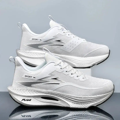 Marathon Men Sports Running Shoes pair, white mesh athletic sneakers with cushioned midsole.