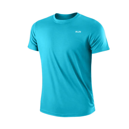 Moisture-wicking gym shirt for men, teal T-shirt with RUN text on chest.