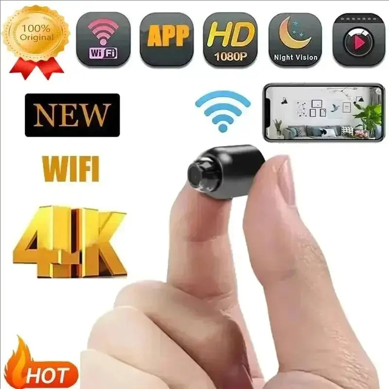 1080P HD mini WiFi camera, finger-sized black module for home security with night vision and remote monitoring.