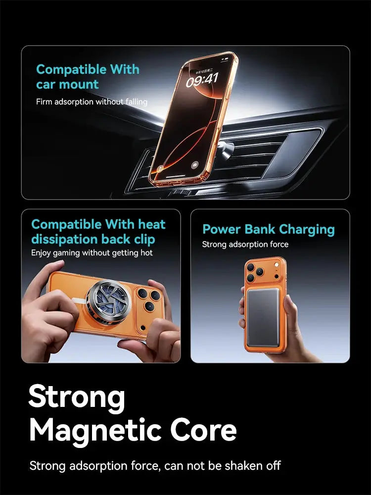 Joyroom magnetic case for iPhone 18 Pro Max in orange; strong magnetic core, car mount compatible, wireless charging