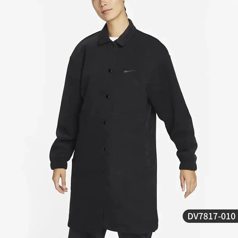 Nike Authentic SPORTSWEAR women's terry cloth long jacket in black with small swoosh and button-front