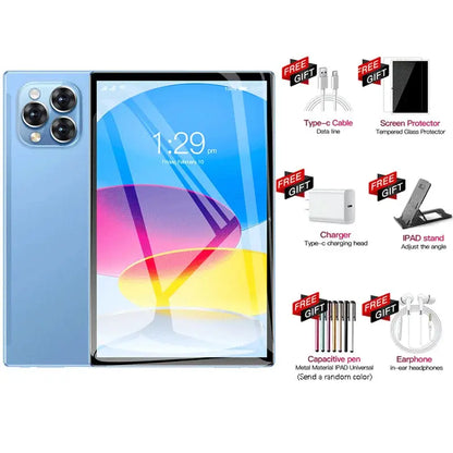 Pad 15 Pro 11-inch Android tablet in blue with triple cameras; freebies include Type-C cable, screen protector, charger, iPad stand.