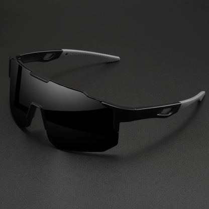 Oversized black sports sunglasses with dark lenses and grey temples