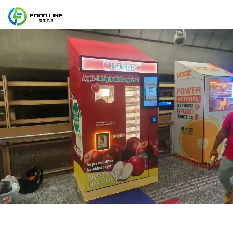 Refrigerated apple juice vending machine with 21.5-inch touch screen, red cabinet, PrimeCanada.Store