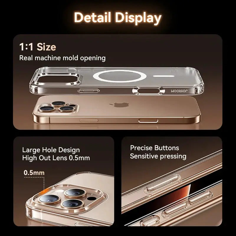Joyroom iPhone 17 Pro Max magnetic matte case; 2 items shown, transparent, shockproof, wireless charger compatible
