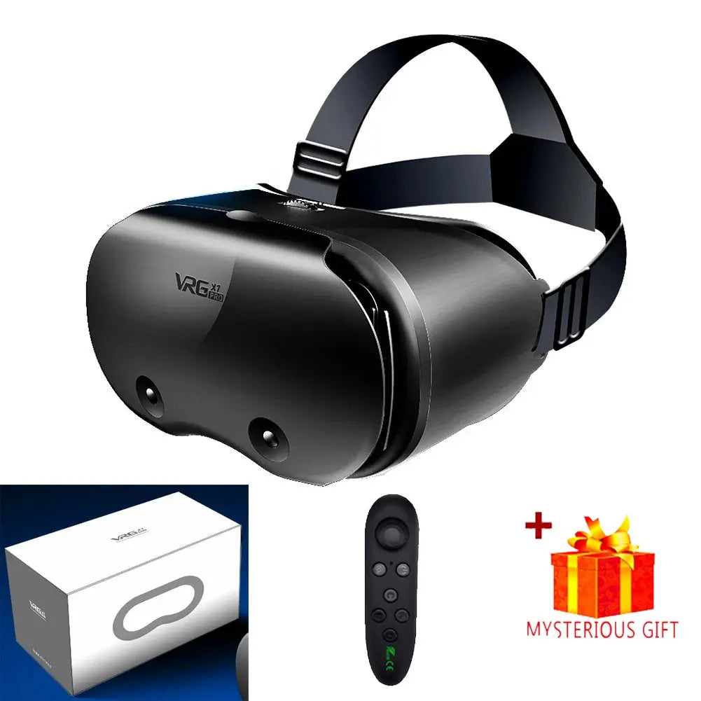 VRG X7 Pro black VR headset with real lenses; adjustable strap, remote control, and box