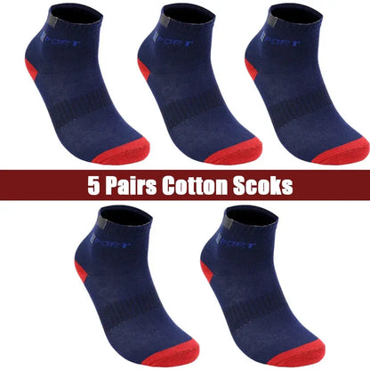 Cotton socks for men, five-pair pack, navy blue with red toe and heel, ribbed ankle, SPORT logo