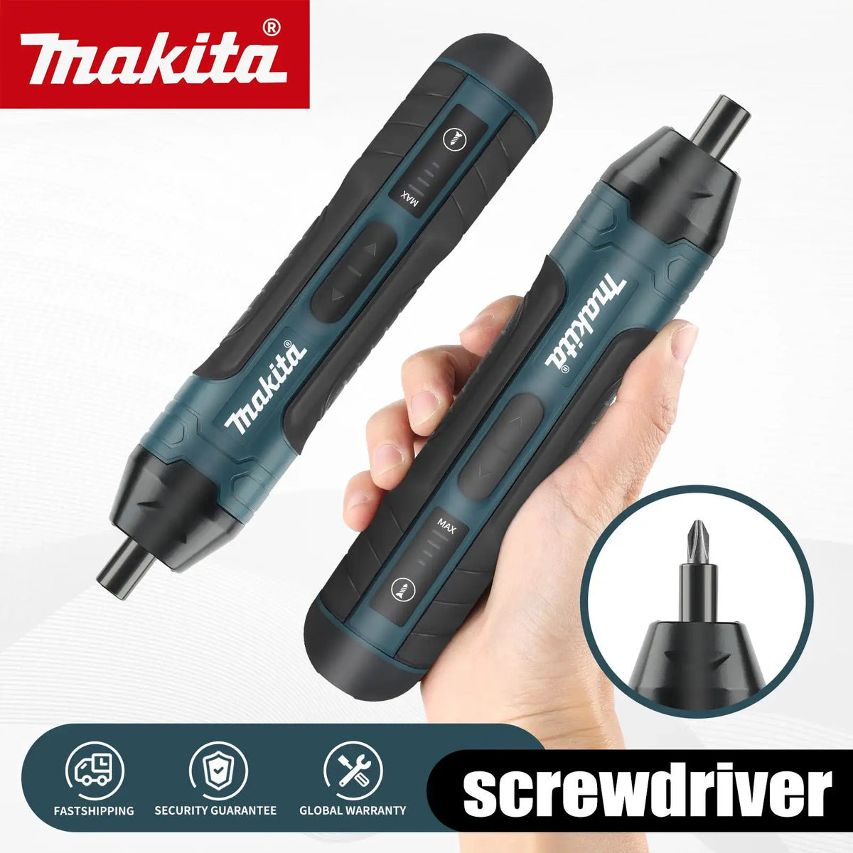 Makita electric screwdrivers HT422; two rechargeable teal and black cordless tools with USB charging, shown held.