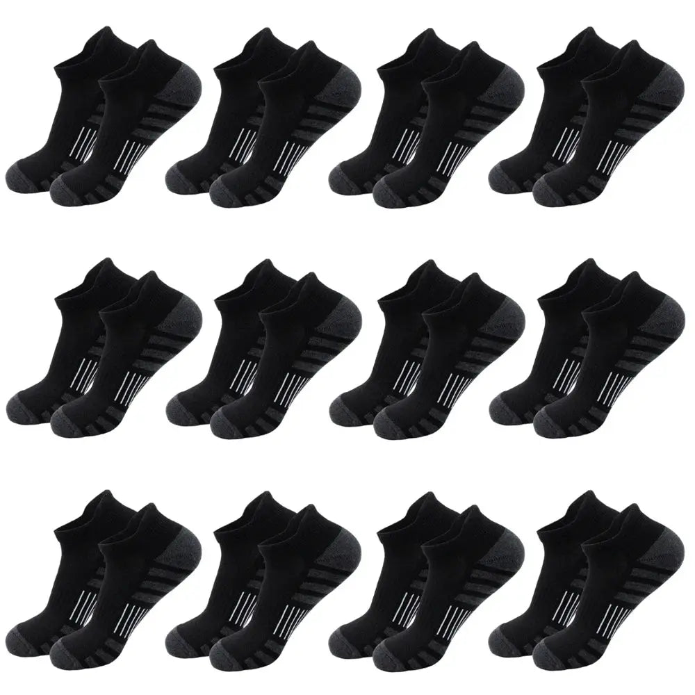 Breathable Cushioned Athletic Ankle Socks with extra padding; black with gray toe and heel, 12 pairs.