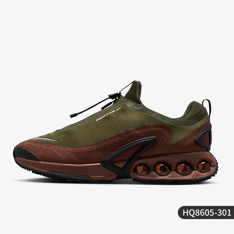 Nike Air Max Roam men's low-cut sneaker in olive green and brown with visible air unit sole.