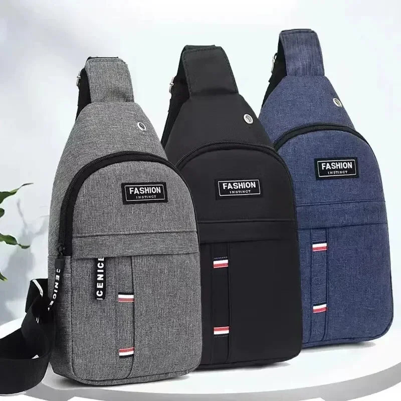 Men's waterproof large-capacity fanny pack set of three in gray, black and blue with adjustable straps.