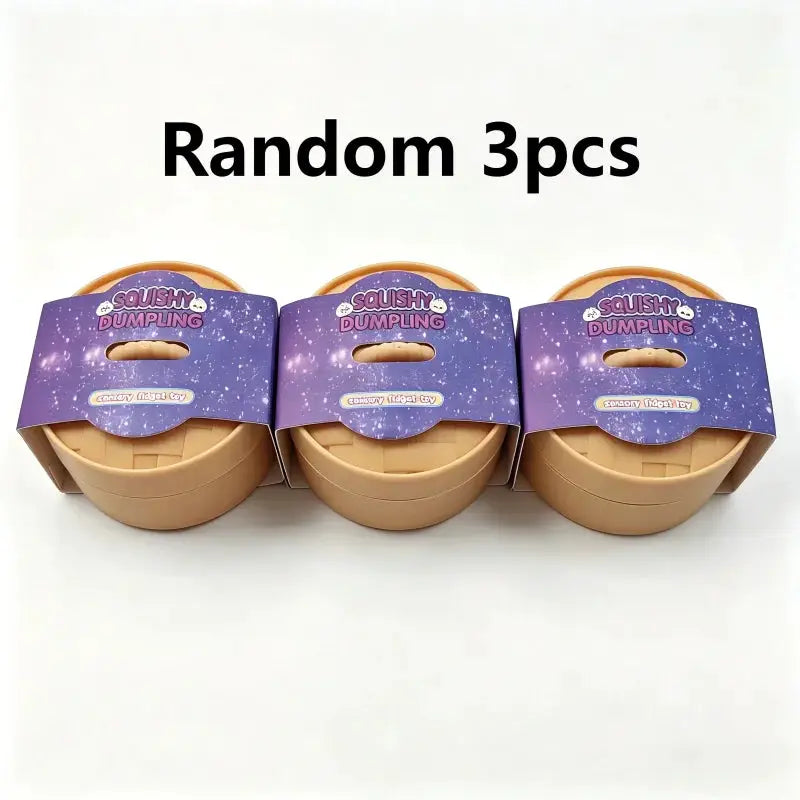 Mini Squeeze Stress Relief Dumplings, 3pcs, brown translucent TPR sensory toys with purple labels, PrimeCanada.Store