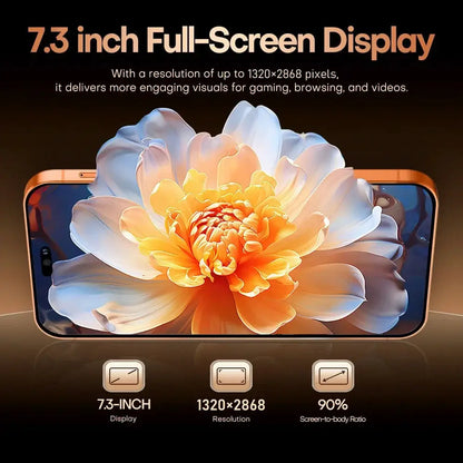 i17 Pro Max smartphone in gold with 7.3-inch full-screen display and vibrant flower wallpaper