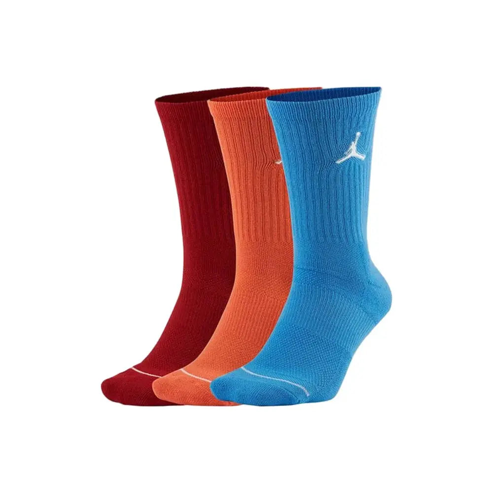 Nike thick-pile terry-sole crew socks, 3-pack in red, orange, and blue; non-slip and breathable