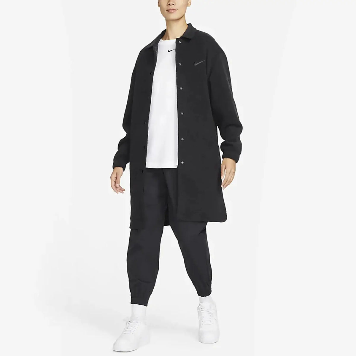 Nike Authentic Sportswear Women's Terry Cloth Long Sports Jacket in black with snap-front buttons