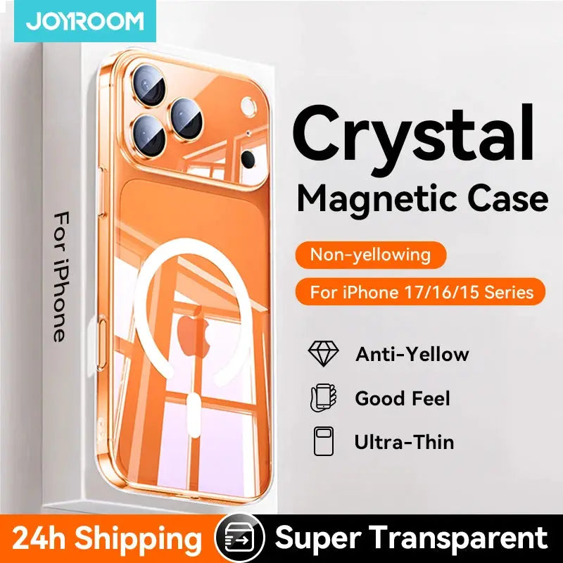 Joyroom Crystal Magnetic Case for iPhone 18 Pro Max, orange transparent anti-yellow protective cover