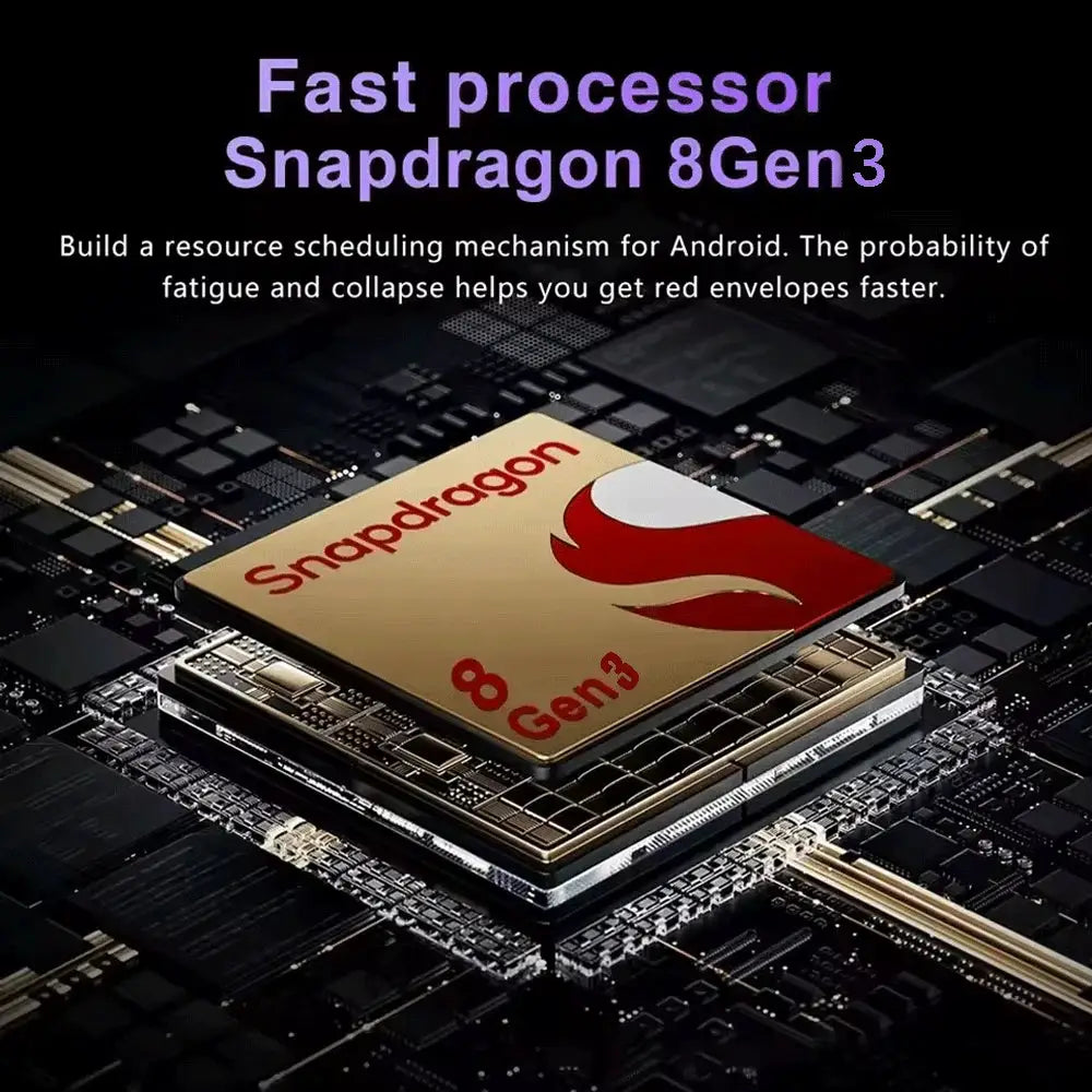 Processor chip Snapdragon 8 Gen3 on circuit board with gold-colored die