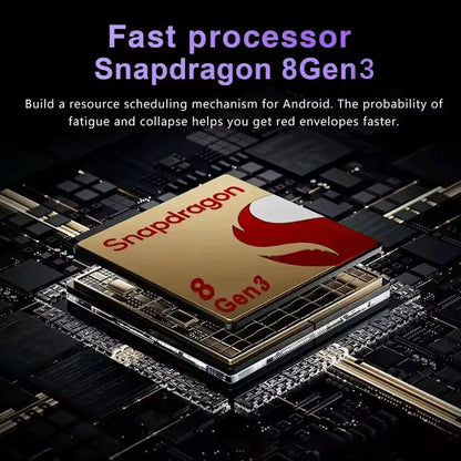 Processor chip Snapdragon 8 Gen3 on circuit board with gold-colored die