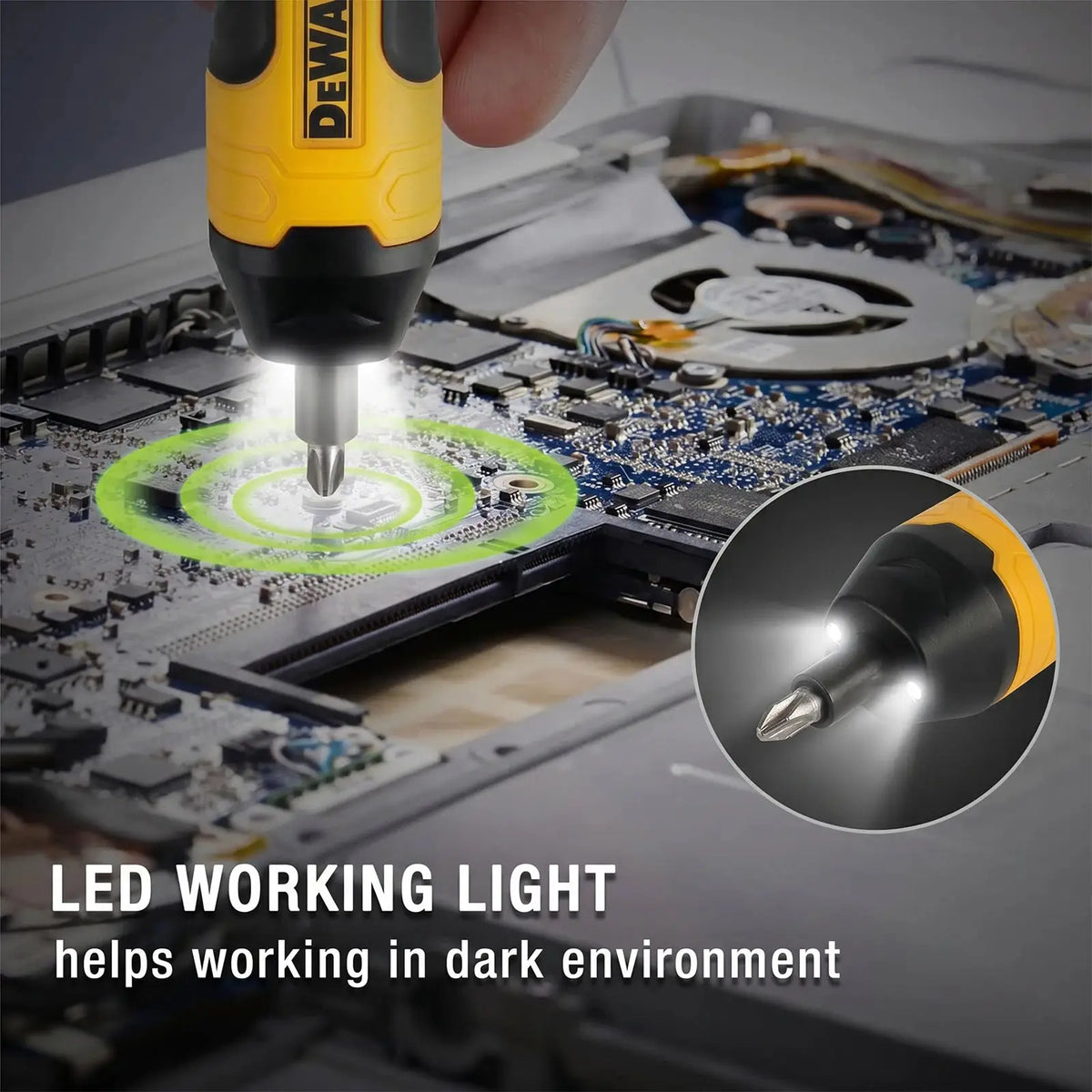 DEWALT yellow cordless electric screwdriver with LED light, 3.6V, 1/4 inch chuck