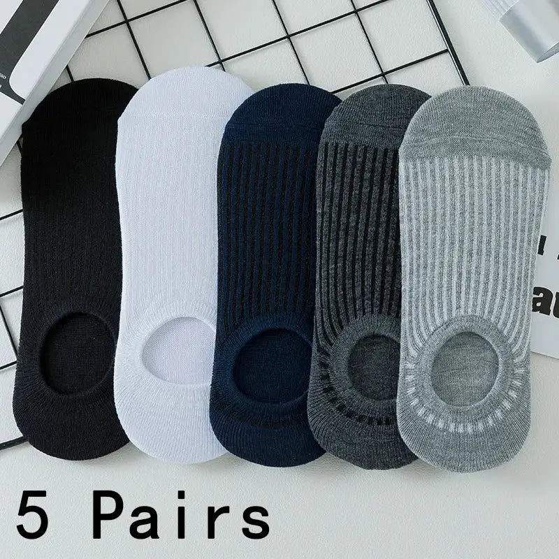 Men's ankle socks, 5 pairs in black, white, navy, charcoal, and light gray; cotton, breathable.