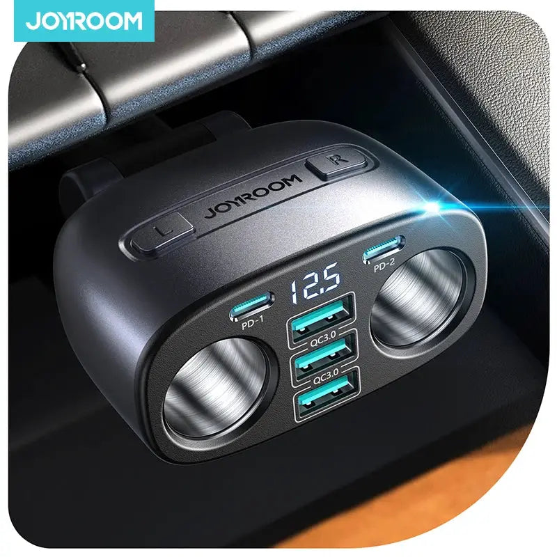 Joyroom 225W car charger with dual cigarette-lighter sockets and USB-C PD/QC ports, LED display