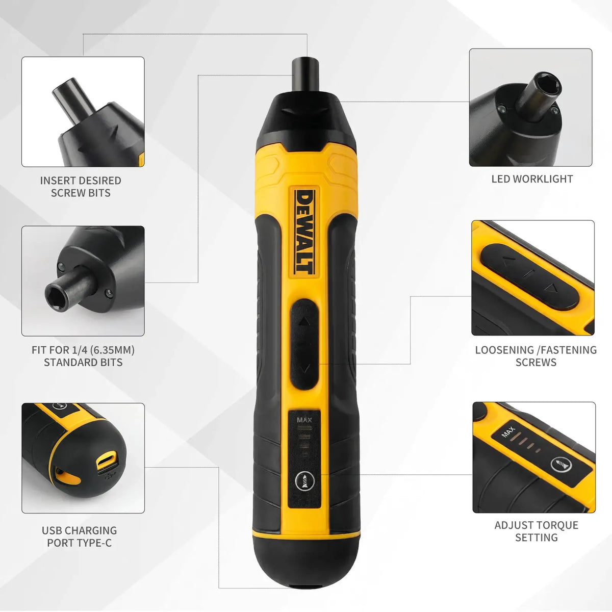 DEWALT cordless electric screwdriver with yellow/black body, 3.6V, 1/4 in chuck