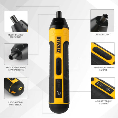 DEWALT cordless electric screwdriver with yellow/black body, 3.6V, 1/4 in chuck