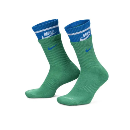 Nike Everyday Crew unisex socks, green with blue cuffs and Nike swoosh; 3-pack