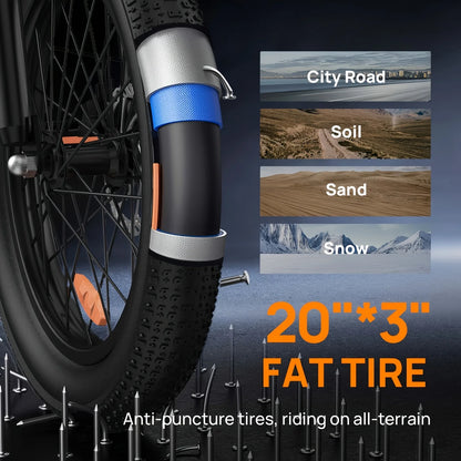 URLIFE 1000W E20 electric fat bike front wheel with blue suspension and 20x3 fat tires for all-terrain riding.