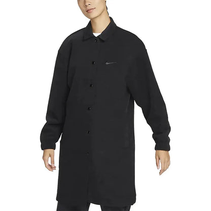 Nike Women's Terry Cloth Long Sports Jacket in black, button-front with Nike swoosh logo