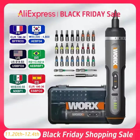 WORX WX242 mini cordless screwdriver set with 30-bit kit and carrying case in gray and orange
