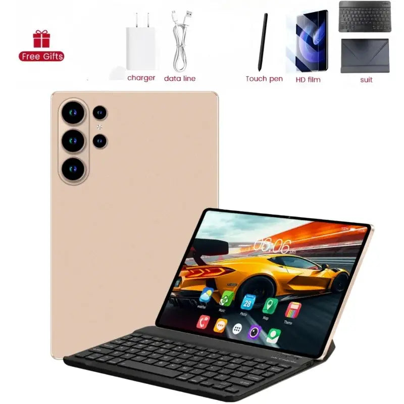 S27 Ultra Android tablet in gold with quad-camera back and detachable keyboard dock.