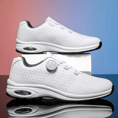 Simple Nen's white casual sneakers with perforated upper and air-cushioned sole for outdoor cycling and golfing