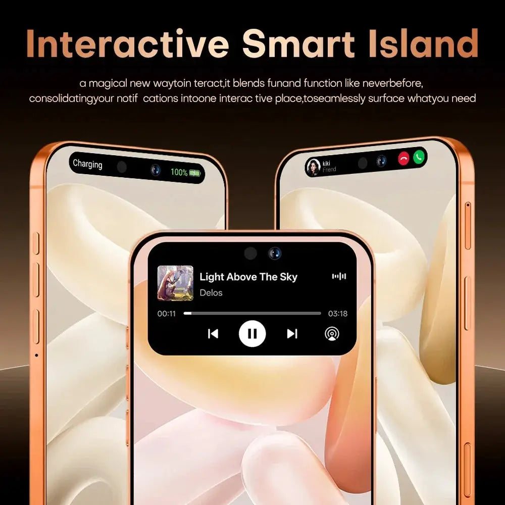 i17 Pro max smartphone in orange-gold finish; three devices shown with edge-to-edge displays.