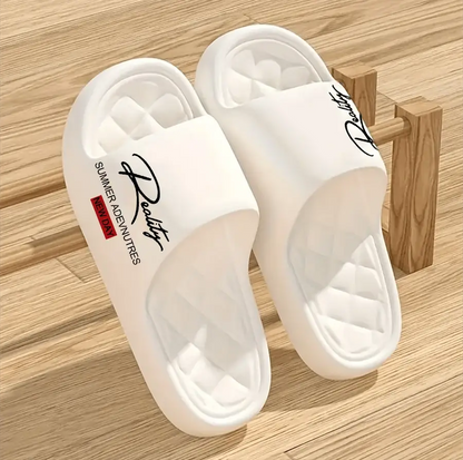 Men's white EVA slides, lightweight indoor/outdoor footwear, PrimeCanada.Store logo, 2 shown.