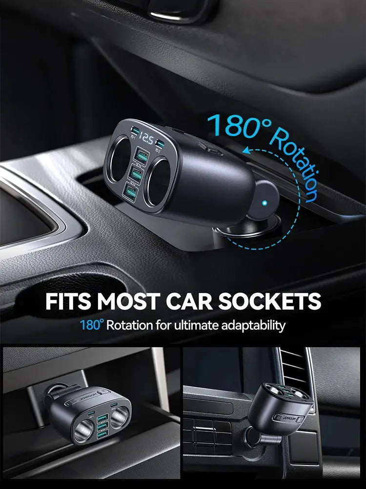 Joyroom 225W car charger with USB-C PD and QC ports, black with LED display and 180° rotation, fits most car sockets