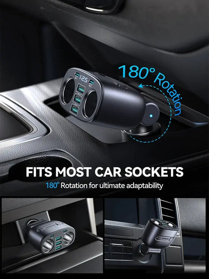 Joyroom 225W car charger with USB-C PD and QC ports, black with LED display and 180° rotation, fits most car sockets