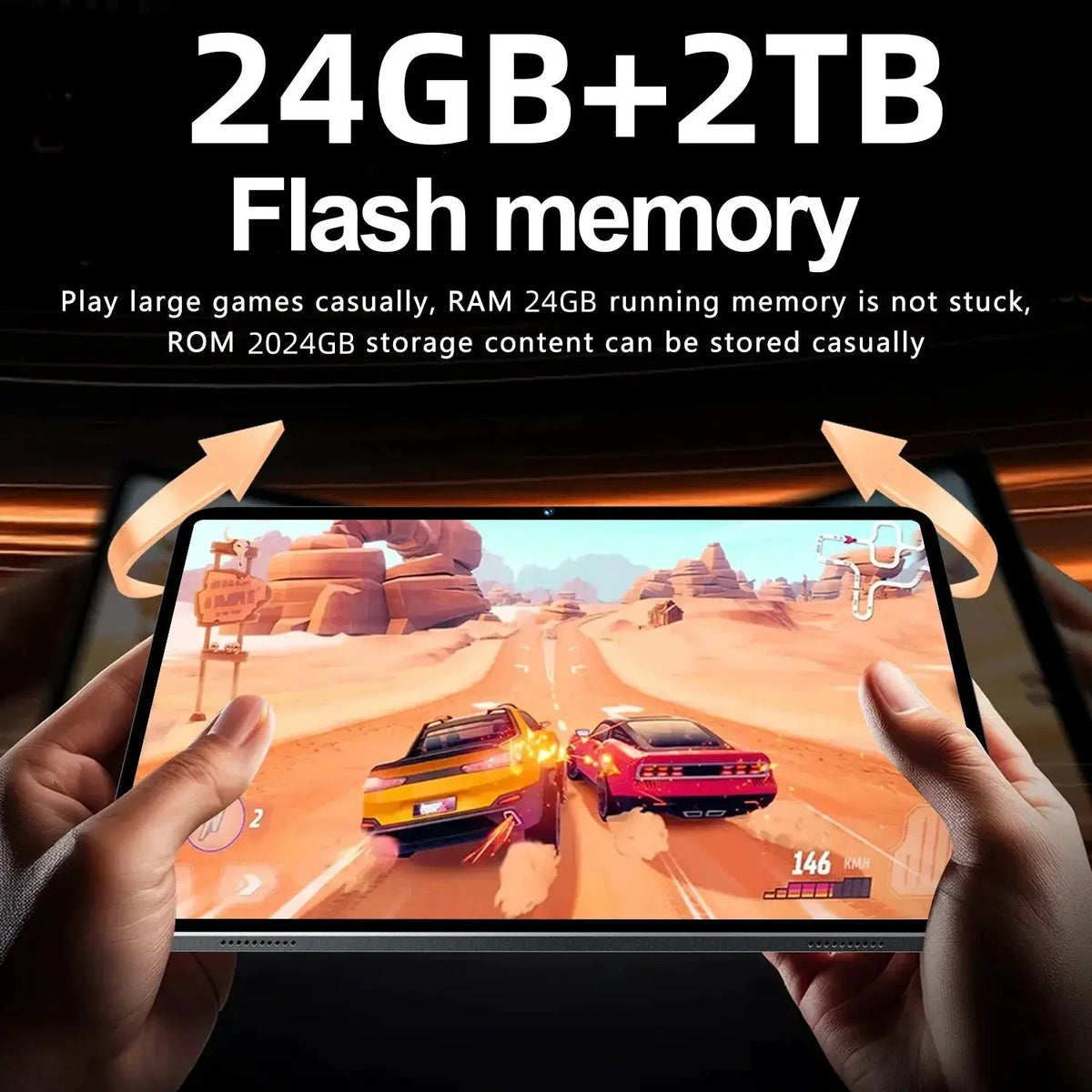 2026 S27 Ultra Android gaming tablet, black, large display with racing game; 24GB+2TB storage, 5G dual card