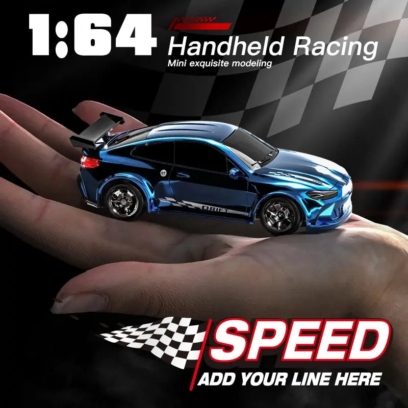 RC car 1:64 scale blue high-speed drift 4WD held in hand