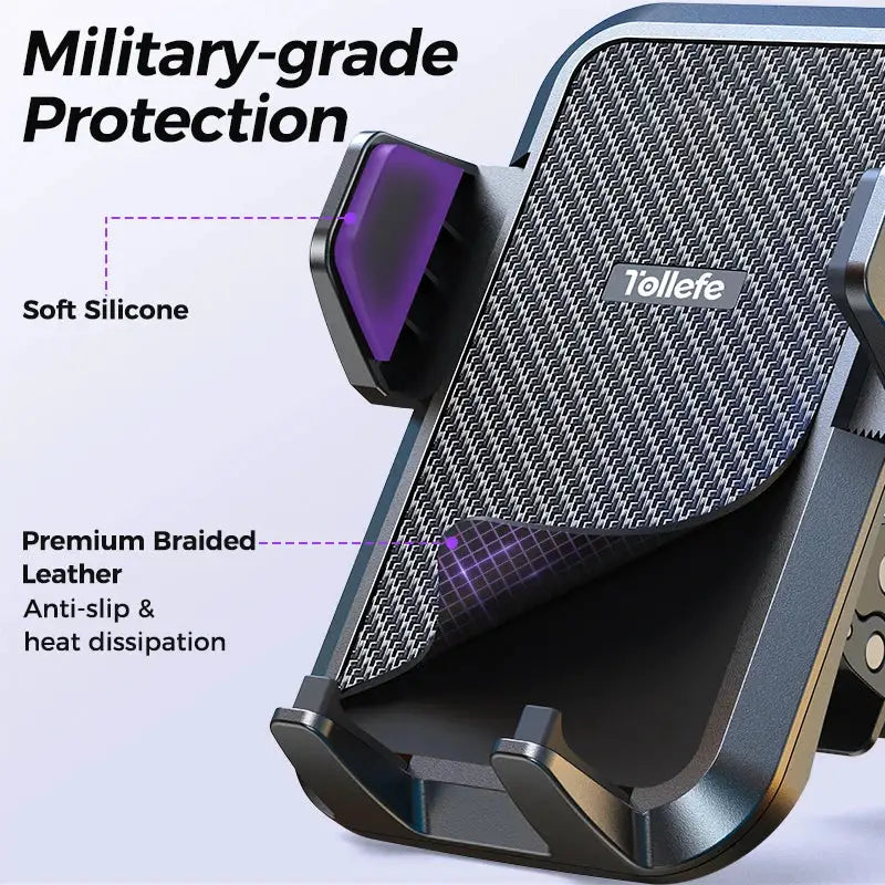 Joyroom car phone holder with premium braided leather and soft silicone grip; Tollee branding.