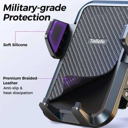 Joyroom car phone holder with premium braided leather and soft silicone grip; Tollee branding.