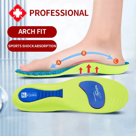 Orthopedic insoles for feet; neon yellow with blue arch support pad, shock-absorbing pair for men and women shoes
