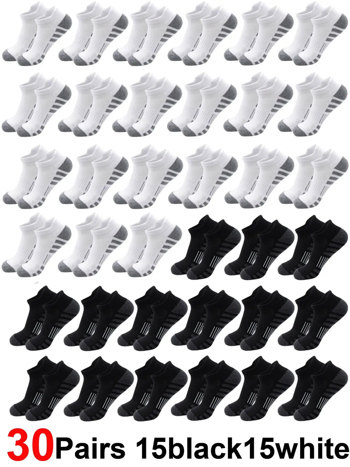Breathable cushioned athletic ankle socks with extra padding; 30 pairs in white and black