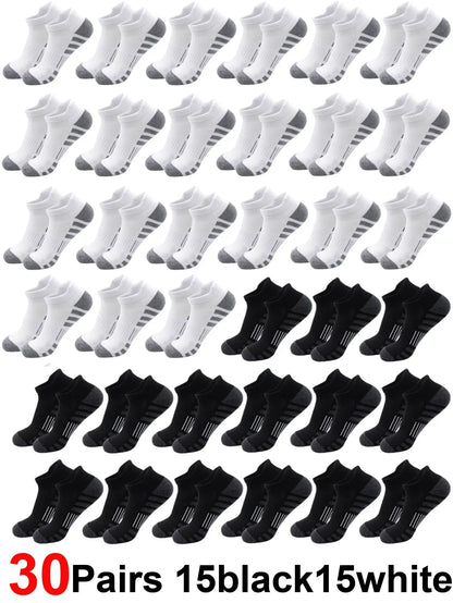 Breathable cushioned athletic ankle socks with extra padding; 30 pairs in white and black